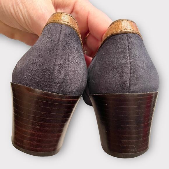 TORY BURCH navy suede & brown leather block career office heels size 7.5 - Picture 6 of 9